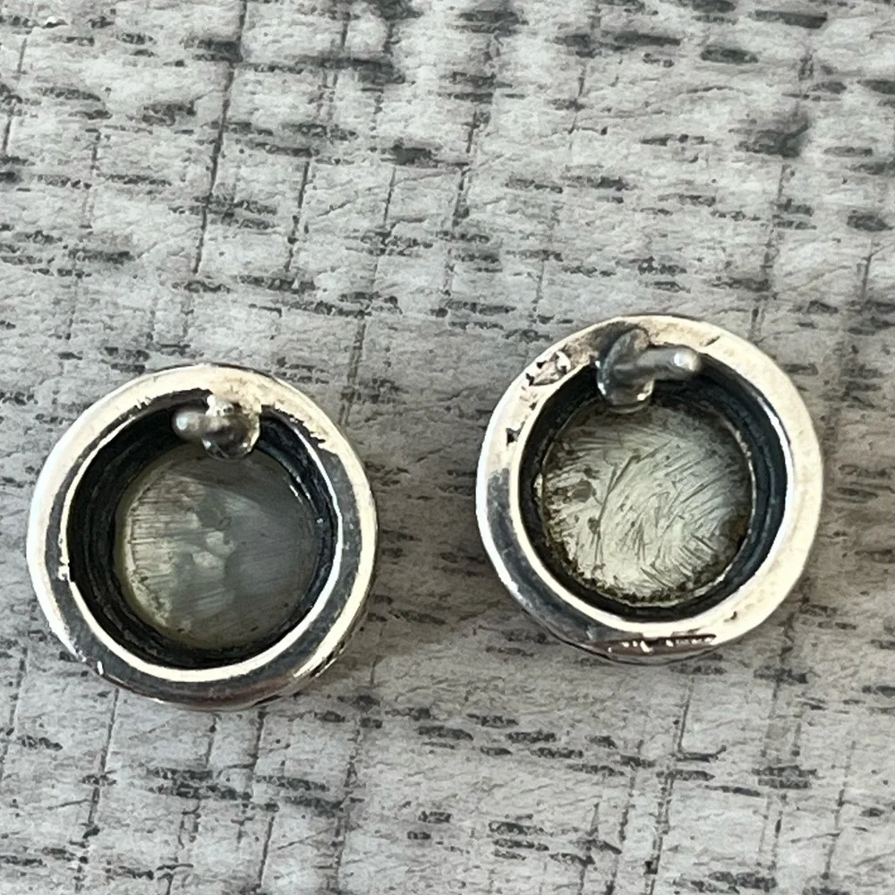 Sterling Silver Mother of Pearl Circular Stud Earrings with Antiqued Detail